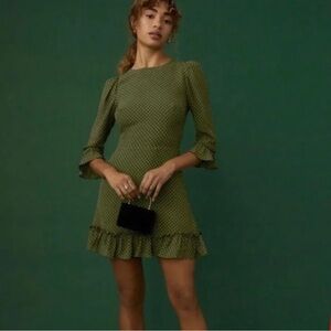 Reformation Doutzen Mini Dress Chiffon Half Sleeves Peat Green Polka Dots Size 8